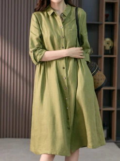 Women's Shirt Dress Casual Dress Cotton Linen Dress Midi Dress Cotton Blend Basic Casual Daily Vacation Shirt Collar Button Pocket 3/4 Length Sleeve Summer Spring Fall 2023 Loose Fit Pink Green Pure -Slay Clothing Shop 0189d340 8f85 4f50 9c93 d4f851a13da5