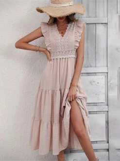Women's Casual Dress Summer Dress Midi Dress Ruffle Patchwork Daily Holiday Date Fashion Modern V Neck Sleeveless 2023 Regular Fit Pink Color S M L XL Size -Slay Clothing Shop 03a5364b ec42 4e66 97b5 bc2ef44ec5ee