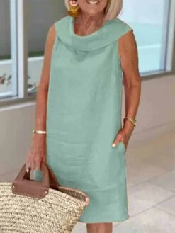 Women's Cotton Linen Blend Midi Shift Dress Sleeveless Pocket Loose Fit Summer Spring 2024 Spring