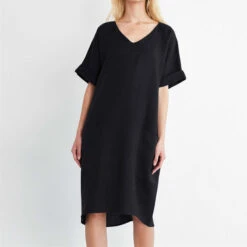 Women's Casual Dress Cotton Linen Dress Midi Dress Linen Cotton Blend Casual Daily Holiday Going Out V Neck Pocket Rolled Cuff Short Sleeve Summer Spring 2023 Loose Fit Black White Wine Pure Color S -Slay Clothing Shop 04906073 4a6c 41ed b53c a2782e40c869