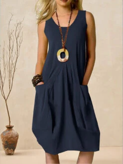 Women's Casual Dress Cotton Summer Dress Midi Dress Linen Pocket Basic Classic Daily U Neck Sleeveless Summer Spring ArmyGreen Navy Blue Pure Color