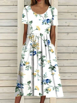 Women's Casual Dress Floral Print Ruched Print Crew Neck Midi Dress Basic Casual Daily Short Sleeve Summer Spring