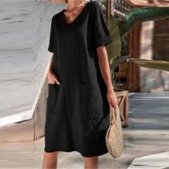 Women's Casual Dress Cotton Linen Dress Midi Dress Linen Cotton Blend Casual Daily Holiday Going Out V Neck Pocket Rolled Cuff Short Sleeve Summer Spring 2023 Loose Fit Black White Wine Pure Color S -Slay Clothing Shop 04dbc6b3 a364 4ce1 be4c fcb86a9cd0a5