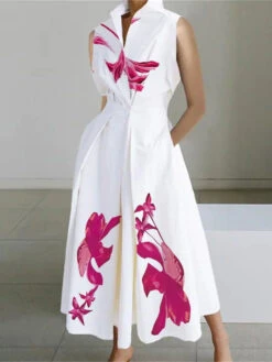 Women's Long Dress Maxi Dress Shirt Dress Casual Dress Satin Dress Floral Fashion Streetwear Office Daily Date Button Pocket Sleeveless Shirt Collar Dress Regular Fit White Summer Spring S M L XL XXL