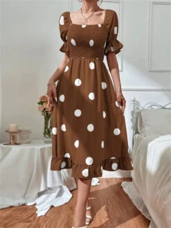 Women's Summer Dress Polka Dot Dress Polka Dot Print Ruched Square Neck Midi Dress Fashion Modern Daily Holiday Short Sleeve Slim Black Blue Brown Summer Spring S M L XL -Slay Clothing Shop 05056ae7 0e90 40c0 bdb8 5009a536fca6