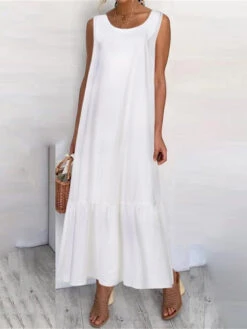Women's Tank Dress Tiered Dress Maxi Long Dress Cotton Linen Ruffle Hem Solid Basic Vacation Crew Neck Sleeveless Summer Black White
