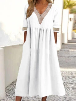 Women's Casual Dress Cotton Linen Dress Swing Dress Midi Dress Cotton Blend Fashion Basic Outdoor Daily Vacation V Neck Lace Ruched Half Sleeve Summer Spring Fall 2023 Loose Fit White Pink Blue Plain -Slay Clothing Shop 05b653f1 ee6c 4f18 9ffb 2992e5f3333b