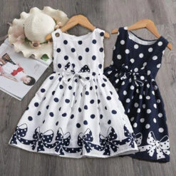Kids Girls' Retro Polka Dot Dress Lace Trims Print Blue White Knee-length Sleeveless Dresses Summer Regular Fit 3-12 Years