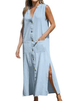 Women's Casual Dress Cotton Linen Dress Shift Dress Maxi Long Dress Cotton Blend Fashion Modern Outdoor Daily Vacation V Neck Button Pocket Sleeveless Summer Spring 2023 Loose Fit Light Blue Black -Slay Clothing Shop 05dea4c6 43b5 44f4 a0fd 3e56a56d6231