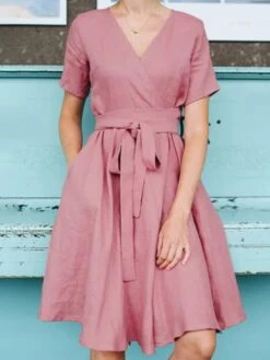 Women's Casual Dress Cotton Linen Dress Swing Dress Mini Dress Bamboo Fashion Modern Outdoor Daily Vacation V Neck Ruched Tie Belt Short Sleeve Summer Spring 2023 Regular Fit Pink Royal Blue Green -Slay Clothing Shop 06c3f025 01fa 43b6 81c9 520609db3cf2