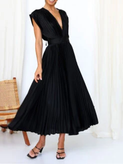 Women's Prom Dress Party Dress Wedding Guest Dress Long Dress Maxi Dress Black Pink Wine Short Sleeve Pure Color Pleated Summer Spring Fall V Neck Fashion Evening Party Wedding Guest Vacation Loose -Slay Clothing Shop 06e61614 ce4a 491f a824 821bd2c00464