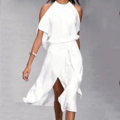 Women‘s A Line Dress Midi Dress White Dress Split Spring Summer Cold Shoulder Personalized Stylish Elegant Loose