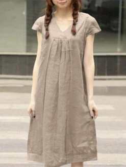 Women's Cotton Linen Dress Casual Dress Midi Dress Cotton Blend Fashion Modern Outdoor Daily Vacation V Neck Ruched Short Sleeve Summer Spring 2023 Loose Fit ArmyGreen Wine Royal Blue Plain S M L XL -Slay Clothing Shop 08ae8faf 27bb 4ad8 8d03 94c461f87844