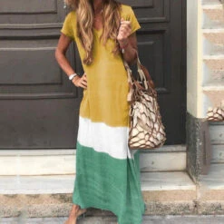 Women's T Shirt Dress Tee Dress Maxi Long Dress Black Blue Gray Yellow Red Short Sleeve Color Block Patchwork Spring Summer Round Neck Casual Boom Sale Dress S M L XL XXL 3XL 4XL 5XL -Slay Clothing Shop 08bec16b f48c 4841 a568 e45392bcb9e2