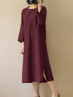 Women's Casual Dress Cotton Linen Dress Midi Dress Cotton Blend Basic Casual Outdoor Daily Vacation Crew Neck Pocket Long Sleeve Summer Spring Fall 2023 Loose Fit Black Wine Navy Blue Plain S M L XL -Slay Clothing Shop 09ad843b 310d 4c1e b3a4 ec353393dcfc