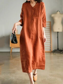 Women's Casual Dress Cotton Linen Dress White Dress Midi Dress Bamboo Fashion Modern Daily Vacation V Neck Ruched Patchwork Half Sleeve Summer Spring Fall 2023 Regular Fit White Blue Orange Plain M L