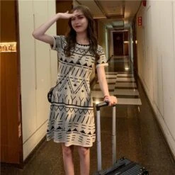 2023 Korean Version Of The New Cute Little Fragrant Style Pullover Short-Sleeved Knitted Skirt Geometric Pattern Temperament Dress -Slay Clothing Shop 0aa2a4ea 3259 429b a4ba d05a646102ae