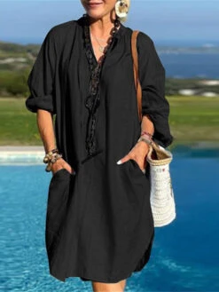 Women's Casual Dress Cotton Linen Dress Shift Dress Midi Dress Cotton Blend Basic Casual Daily Outdoor Daily V Neck Pocket 3/4 Length Sleeve Summer Spring Fall 2023 Loose Fit Black Blue Brown Plain S -Slay Clothing Shop 0ab73e96 6f1e 4a6f 9a5b 9e2b69058031