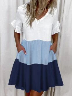 Women's Casual Dress Shift Dress Tiered Dress Mini Dress Pink Blue Dark Gray Short Sleeve Color Block Ruched Summer Spring V Neck Fashion Fall Dress 2023 S M L XL 2XL 3XL 4XL 5XL