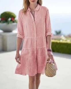 Women's Shirt Dress Casual Dress Tiered Dress Mini Dress Watermelon Red Violets Yellow Long Sleeve Striped Ruched Summer Spring Shirt Collar Classic Loose Fit 2023 S M L XL 2XL 3XL 4XL