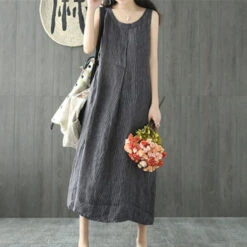 Women's Casual Dress Cotton Linen Dress Shift Dress Maxi Long Dress Cotton Blend Casual Daily Holiday Vacation Crew Neck Pocket Cold Shoulder Sleeveless Summer Spring 2023 Regular Fit Black Gray Pure