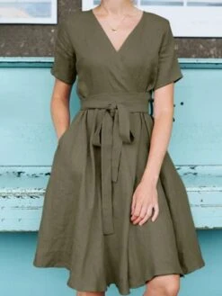 Women's Casual Dress Cotton Linen Dress Swing Dress Mini Dress Bamboo Fashion Modern Outdoor Daily Vacation V Neck Ruched Tie Belt Short Sleeve Summer Spring 2023 Regular Fit Pink Royal Blue Green -Slay Clothing Shop 0c4b4254 f24a 4acd 8947 05406238ffcb