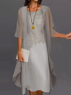 Women's Dress Set Two Piece Dress Lace Dress Shift Dress Midi Dress Light Blue Light Grey Half Sleeve Pure Color Lace Summer Spring Crew Neck Elegant Wedding Guest Loose Fit