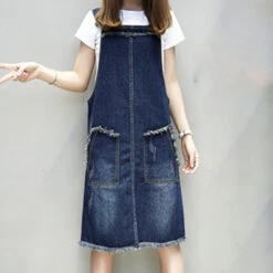Women's Denim Overall Pinafore Dress Midi Dress Cotton Denim Stylish Basic Outdoor Daily Vacation Square Neck Pocket Raw Edge Sleeveless Summer Spring 2023 Regular Fit Dark Blue Pure Color M L XL XXL