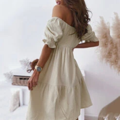 Women's Casual Dress Swing Dress White Dress Mini Dress Black White Beige Short Sleeve Pure Color Ruched Summer Spring Off Shoulder Elegant 2023 S M L XL -Slay Clothing Shop 0db002fd df1f 4784 83b3 030ea9e55c84