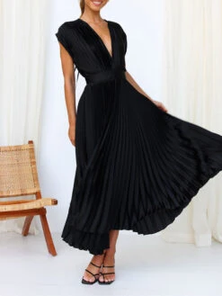 Women's Prom Dress Party Dress Wedding Guest Dress Long Dress Maxi Dress Black Pink Wine Short Sleeve Pure Color Pleated Summer Spring Fall V Neck Fashion Evening Party Wedding Guest Vacation Loose -Slay Clothing Shop 0e6aae71 f632 4768 adbb 66951c13fde2
