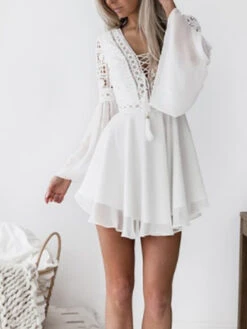 Women's Lace Dress Chiffon Dress Plain Lace Layered V Neck Flared Sleeve Mini Dress Fashion Modern Outdoor Daily Long Sleeve Regular Fit Black White Red Summer Spring S M L XL