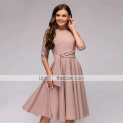 Women's Party Dress Tie Front Belted Crew Neck 3/4 Length Sleeve Midi Dress Elegant Classic Navy Blue Beige Spring -Slay Clothing Shop 0f409c69 8cc6 47d8 8c4b f28674cc6d5b