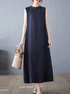 Women's Casual Dress Cotton Linen Dress A Line Dress Midi Dress Linen Cotton Blend Basic Modern Outdoor Daily Vacation Stand Collar Pocket Sleeveless Summer Spring 2023 Loose Fit Navy Blue Apricot -Slay Clothing Shop 0f7055f8 34bc 43d6 94b6 fa50c63d7523