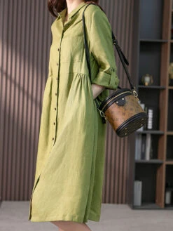 Women's Shirt Dress Casual Dress Cotton Linen Dress Midi Dress Cotton Blend Basic Casual Daily Vacation Shirt Collar Button Pocket 3/4 Length Sleeve Summer Spring Fall 2023 Loose Fit Pink Green Pure -Slay Clothing Shop 0fb5b831 8a89 4d33 af3f 7f3adc97b5df