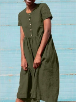 Women's Cotton Linen Dress Casual Dress Midi Dress Cotton Blend Basic Casual Outdoor Daily Crew Neck Ruched Button Short Sleeve Summer Spring 2023 Loose Fit ArmyGreen Navy Blue Orange Pure Color S M -Slay Clothing Shop 10373428 cbac 42d5 893d 12b84f24bef2