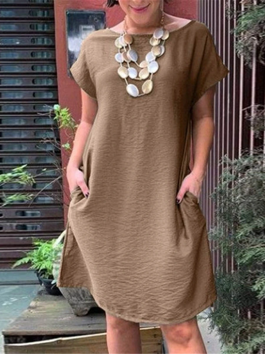 Women's Casual Dress Cotton Linen Dress Shift Dress Midi Dress Cotton Blend Basic Classic Outdoor Daily Boat Neck Pocket Rolled Cuff Short Sleeve Summer Spring 2023 Loose Fit Black Camel Brown Pure 4 Women's Casual Dress Cotton Linen Dress Shift Dress Midi Dress Cotton Blend Basic Classic Outdoor Daily Boat Neck Pocket Rolled Cuff Short Sleeve Summer Spring 2023 Loose Fit Black Camel Brown Pure - Image 4