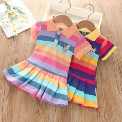 Kids Girls' Dress Rabbit Stripe Short Sleeve Outdoor Embroidered Button Fashion Streetwear Daily Cotton Knee-length Casual Dress Summer Dress Summer Spring 3-7 Years Pink Purple