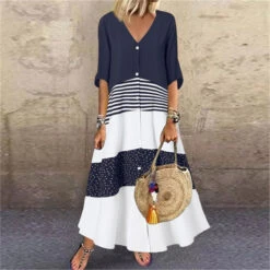 Women's Casual Dress Swing Dress Long Dress Maxi Dress Brown Half Sleeve Color Block Button Summer Spring V Neck Basic 2023 5XL