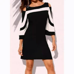 Women's Casual Dress Sheath Dress Mini Dress Black 3/4 Length Sleeve Color Block Patchwork Summer Spring Crew Neck Stylish 2023 S M L XL XXL