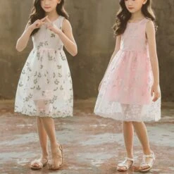 Kids Dress Girl Lace Flower Embroidery Princess For Girls Sleeveless Party Summer Cute Teenage Clothes