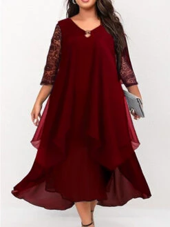 Women's Plus Size Work Dress Chiffon Dress Swing Dress Solid Color Long Dress Maxi Dress 3/4 Length Sleeve Lace Layered V Neck Fashion Outdoor Wine Dark Blue Summer Spring L XL XXL 3XL 4XL -Slay Clothing Shop 137ac94d 1a86 45a7 b540 3389694472e1