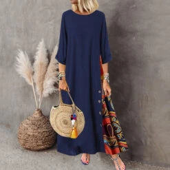 Women's Casual Dress Cotton Linen Dress Swing Dress Maxi Long Dress Print Bohemia Casual Daily Crew Neck Long Sleeve Summer Spring Fall Black Yellow Floral