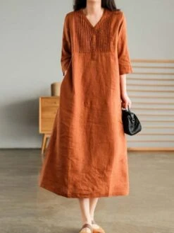 Women's Casual Dress Cotton Linen Dress White Dress Midi Dress Bamboo Fashion Modern Daily Vacation V Neck Ruched Patchwork Half Sleeve Summer Spring Fall 2023 Regular Fit White Blue Orange Plain M L -Slay Clothing Shop 153bc1eb 07c1 4dbb aa6d 81b68a6d08a4
