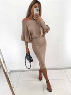 Women's Party Dress Sweater Dress Work Dress Midi Dress Black Khaki Grey Long Sleeve Pure Color Knit Spring Fall Off Shoulder Fashion Office 2023 XS S M L XL 2XL 3XL