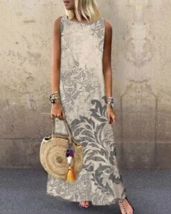 Women's Floral Shift Dress Long Dress Maxi Dress Beige Sleeveless Print Spring Summer Crew Neck 2023 S M L XL XXL 3XL