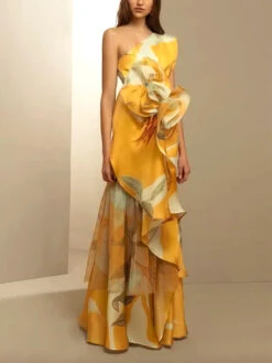 Women's Prom Dress Party Dress Ruffle Layered One Shoulder Sleeveless Print Birthday Summer Dress Vintage Formal Yellow Summer Spring -Slay Clothing Shop 194290ab 6e6e 4b38 9f52 97db418db170