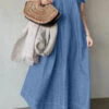 Women's Denim Dress Swing Dress Maxi Long Dress Denim Fashion Casual Outdoor Daily Vacation V Neck Pocket Short Sleeve Summer Spring 2023 Regular Fit Black Navy Blue Sky Blue Pure Color S M L XL 2XL