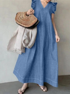 Women's Denim Dress Swing Dress Maxi Long Dress Denim Fashion Casual Outdoor Daily Vacation V Neck Pocket Short Sleeve Summer Spring 2023 Regular Fit Black Navy Blue Sky Blue Pure Color S M L XL 2XL