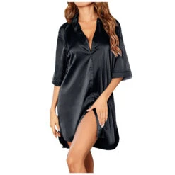 Women's Pajamas Nightgown Dress Black Dress Pjs Pure Color Fashion Simple Comfort Party Home Bed Satin V Wire Half Sleeve Summer Spring Black White