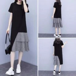 Cross-border 2023 New Large Size European Station Dress Korean Version Mid-length Short-sleeved T-shirt Skirt Amazon